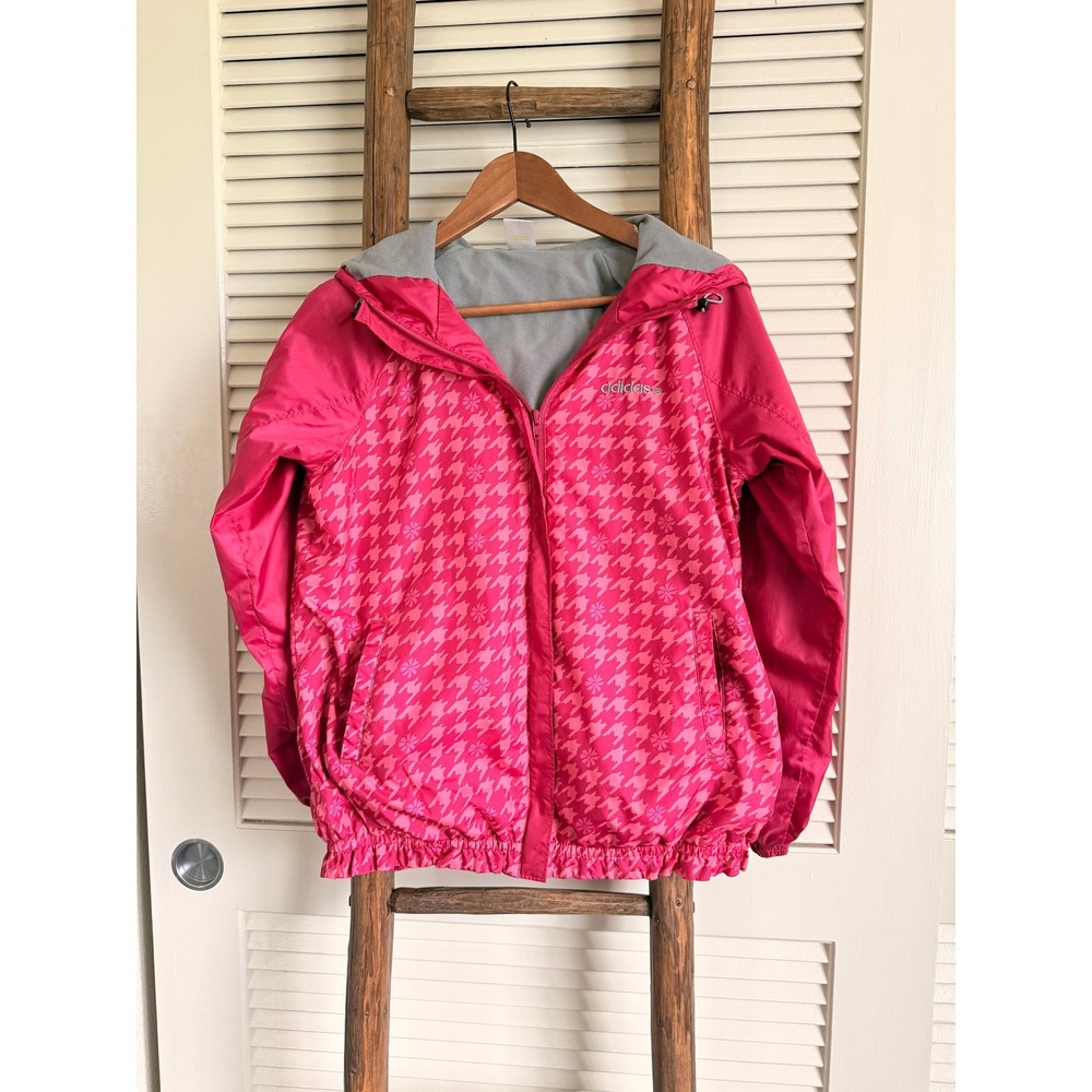 Adidas Neo Label Pink Houndstooth Floral Hooded Windbreaker Jacket Womens L‎